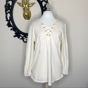 Old Navy Cream Heathered Long Sleeve Top with Ties